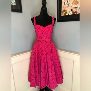 Vixen by Micheline Pitt Hot Pink Polka Dot Maneater Swing Dress Sz M